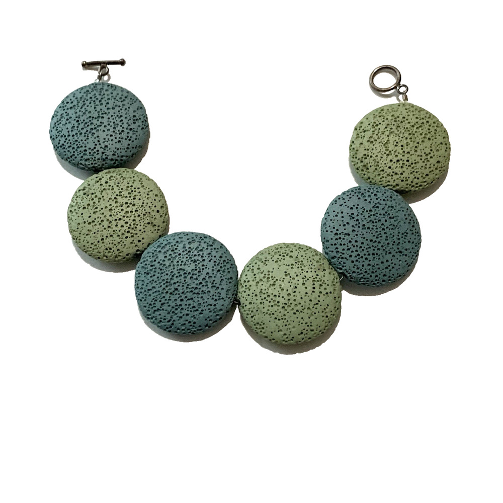 Chunky Green Lava Rock Bold Disc Bracelet Toggle Close ~7"